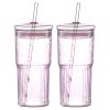 20 oz 2-pack pink glass straw cup with vertical pattern cup and lid, high borosilicate heat-resistant glass cup for juice, milk and cold drinks
