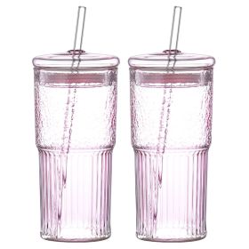 20 oz 2-pack pink glass straw cup with vertical pattern cup and lid, high borosilicate heat-resistant glass cup for juice, milk and cold drinks