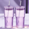 20 oz 2-pack pink glass straw cup with vertical pattern cup and lid, high borosilicate heat-resistant glass cup for juice, milk and cold drinks