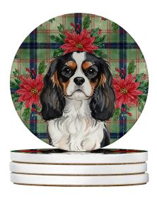 Tricolor Cavalier Spaniel Christmas PoinsettIas Large Sandstone Coasters Pack of 4 Absorbent Round Coasters Decor Gifts for Men or Women, 4 in