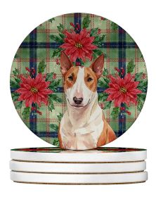 Red and White Bull Terrier Christmas PoinsettIas Large Sandstone Coasters Pack of 4 Absorbent Round Coasters Decor Gifts for Men or Women, 4 in