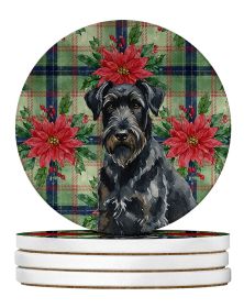 Black Russian Terrier Christmas PoinsettIas Large Sandstone Coasters Pack of 4 Absorbent Round Coasters Decor Gifts for Men or Women, 4 in, Multicolor