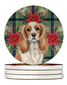Blenheim Cavalier Spaniel Christmas PoinsettIas Large Sandstone Coasters Pack of 4 Absorbent Round Coasters Decor Gifts for Men or Women, 4 in