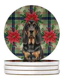 Black and Tan Bloodhound Christmas PoinsettIas Large Sandstone Coasters Pack of 4 Absorbent Round Coasters Decor Gifts for Men or Women, 4 in