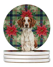 Liver and White Brittany Christmas PoinsettIas Large Sandstone Coasters Pack of 4 Absorbent Round Coasters Decor Gifts for Men or Women, 4 in