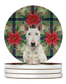 White Bull Terrier Christmas PoinsettIas Large Sandstone Coasters Pack of 4 Absorbent Round Coasters Decor Gifts for Men or Women, 4 in, Multicolor