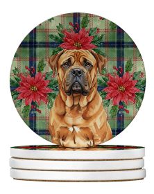 Red Bullmastiff Christmas PoinsettIas Large Sandstone Coasters Pack of 4 Absorbent Round Coasters Decor Gifts for Men or Women, 4 in, Multicolor