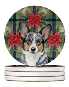 Blue Merle Cardigan Welsh Corgi Christmas PoinsettIas Large Sandstone Coasters Pack of 4 Absorbent Round Coasters Decor Gifts for Men or Women, 4 in