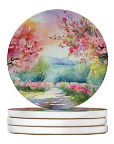 Michigan Apple Blossoms in Watercolor Large Sandstone Coasters Pack of 4 Absorbent Round Coasters Decor Gifts for Men or Women, 4 in, Multicolor