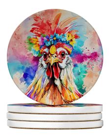 Hippie Animal Polish Poland Rooster Large Sandstone Coasters Pack of 4 Absorbent Round Coasters Decor Gifts for Men or Women, 4 in, Multicolor