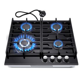 Gaskochfeld 4 Flammig, 60cm Schwarzes Gehärtetes Glas-Gaskochfeld, Eingebautes Gaskochfeld mit Gusseisernen Stützen, NG/LPG Konvertierbar