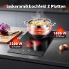 Glaskeramikkochfeld 2 Platten, Kochfeld Einbau 30cm, Herdplatte 2 Kochfelder, Touch-Steuerung, 3000W, 9 Leistungsstufen, 1-99 Min Timer