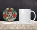Blue and Tan Border Terrier Christmas PoinsettIas Large Sandstone Coasters Pack of 4 Absorbent Round Coasters Decor Gifts for Men or Women, 4 in