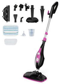 10-in-1 Steam Mop, 1550W Detachable Handheld Steam Cleaner for Floor Cleaning, 16FT Cord, 2 Washable Pads (Color: Black pink)